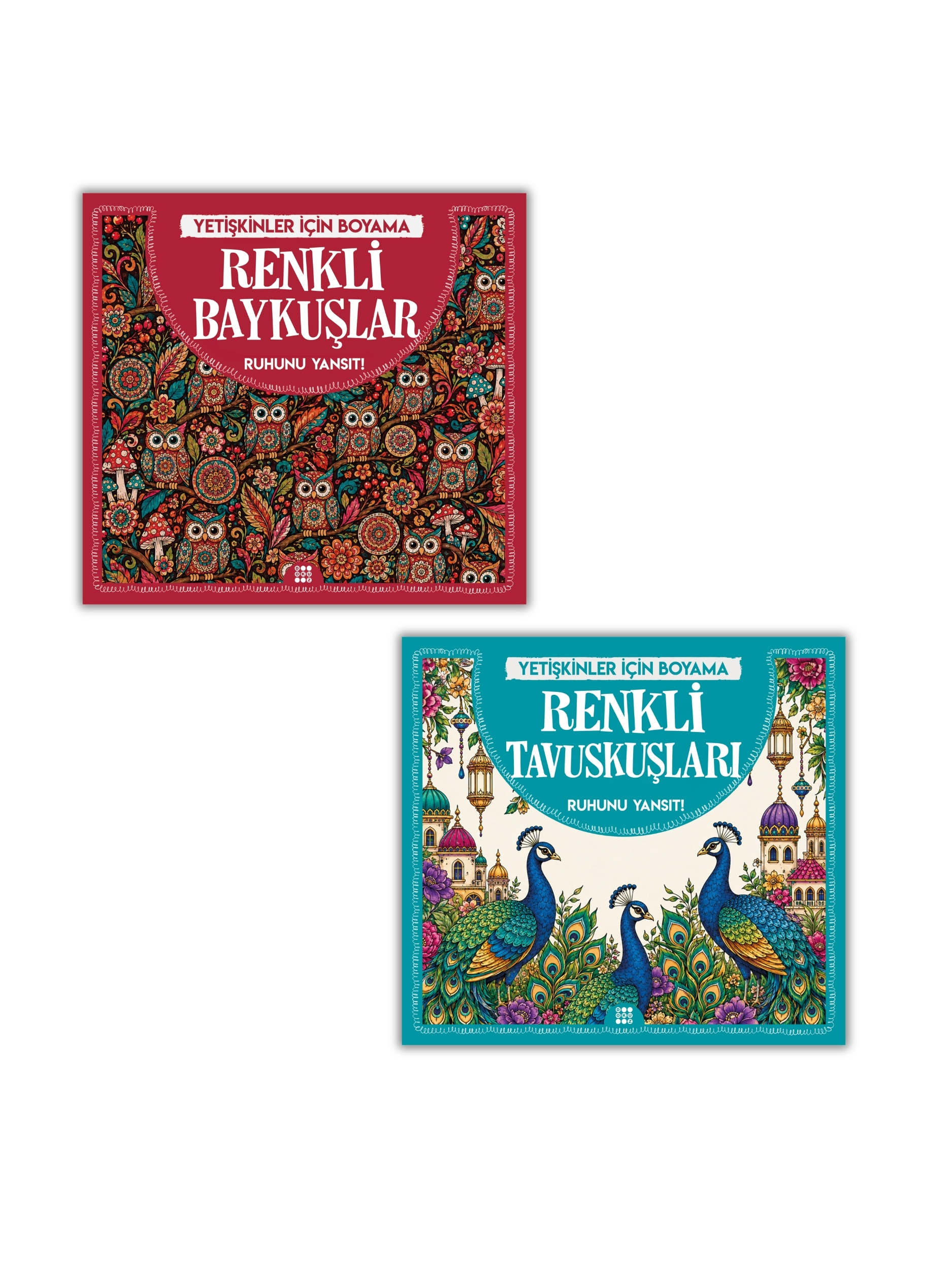 Yetişkin Boyama Kitabı 2'li Set - Renkli Baykuşlar ve Renkli Tavuskuşları Mandala Terapi Kitapları