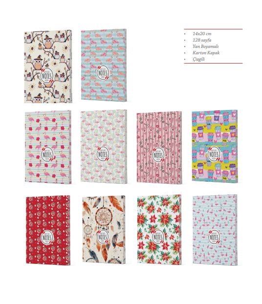 10'lu Defter Seti - 14x20 cm 128 Sayfa - Çizgili Yan Boyamalı Desenli Karton Kapak Okul Not Defteri