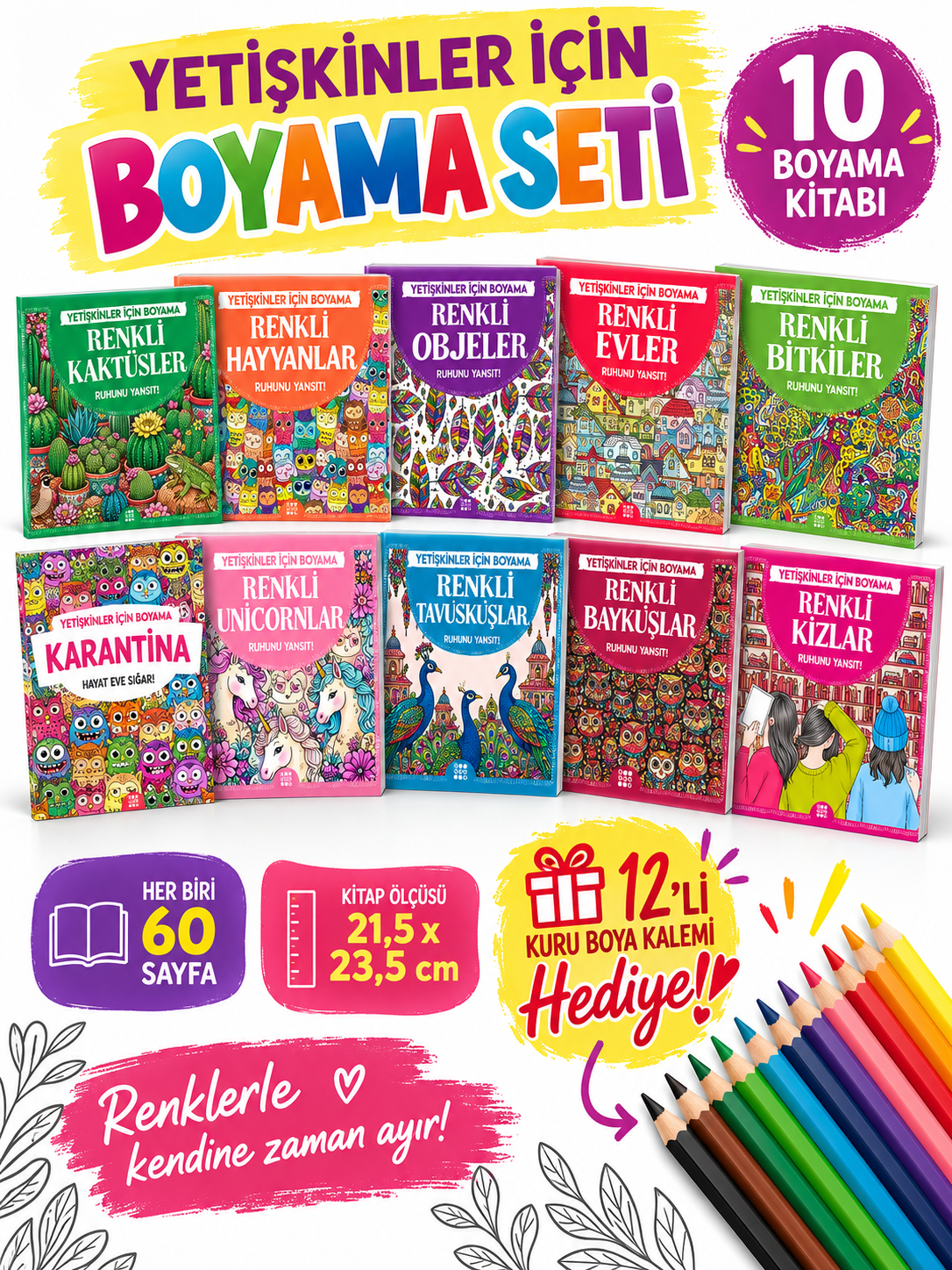 Yetişkinler İçin 10'lu Boyama Kitabı Seti (600 Sayfa) + 12'li Kuru Boya Kalemi Hediyeli