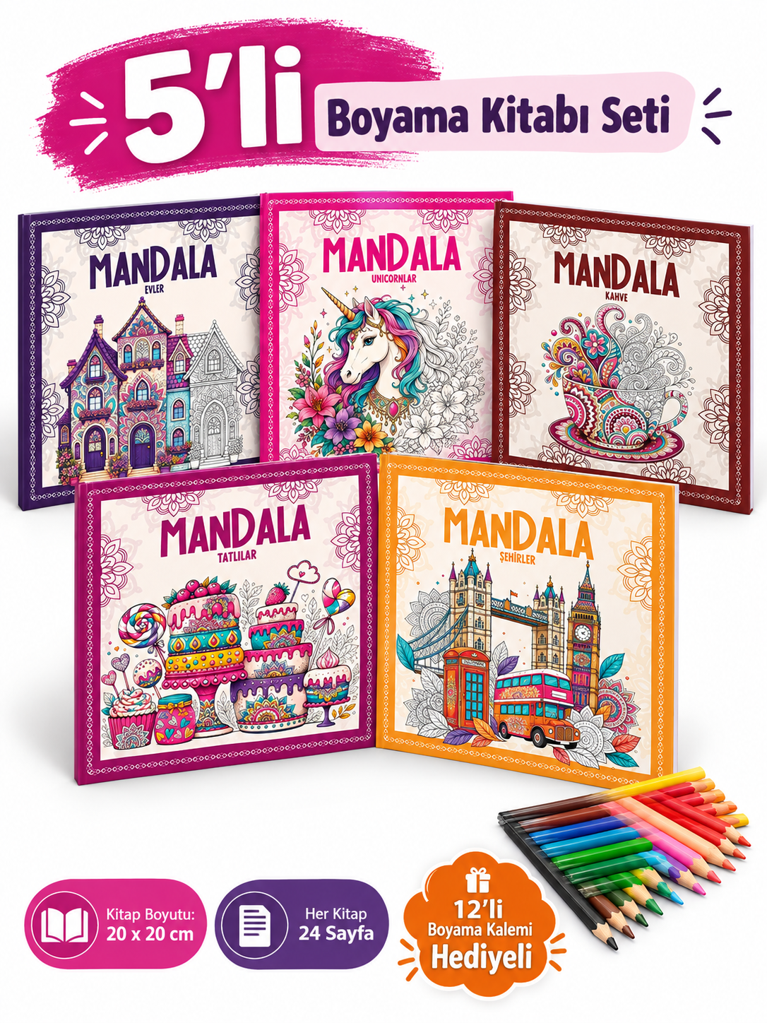 Yetişkinler İçin 5'li Mandala Boyama Kitabı Seti (12'li Kuru Boya Kalemi Hediyeli)