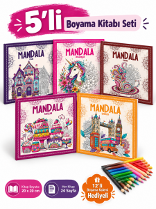 Yetişkinler İçin 5'li Mandala Boyama Kitabı Seti (12'li Kuru Boya Kalemi Hediyeli)