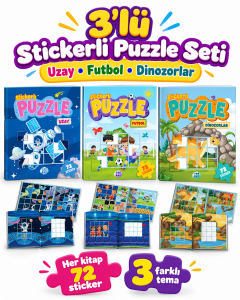 3'lü Stickerlı Puzzle Seti Uzay Futbol Dinozorlar 216 Sticker Eğitici Çocuk Etkinlik Kitabı Seti