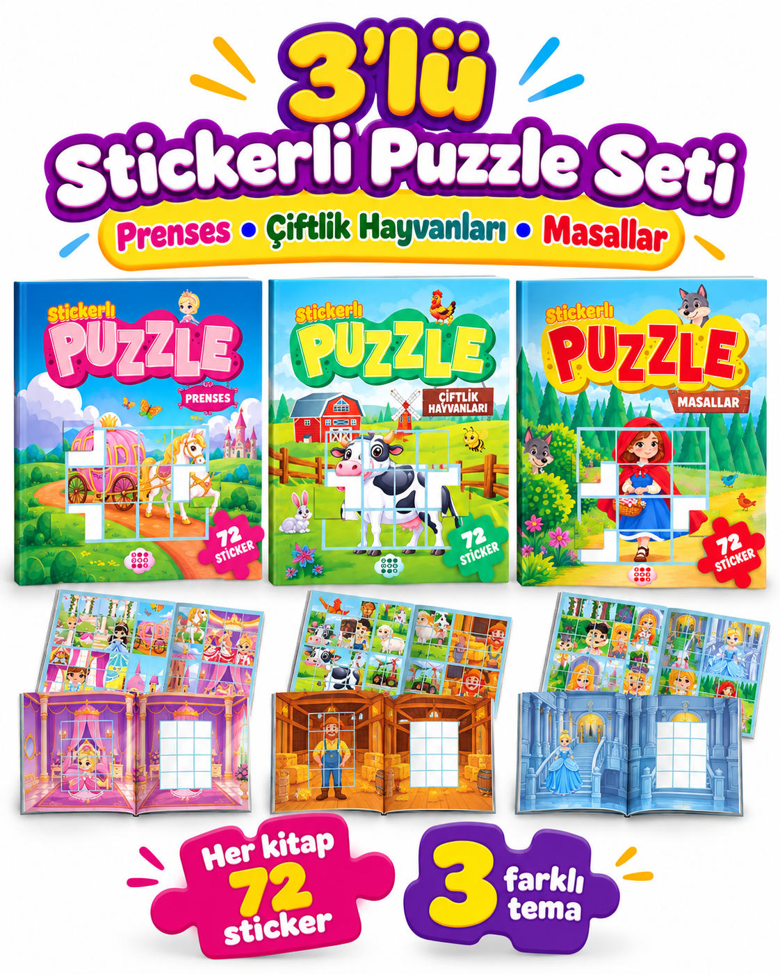 3'lü Stickerlı Puzzle Seti Prenses Çiftlik Hayvanları Masallar 216 Sticker Etkinlik Kitabı Seti